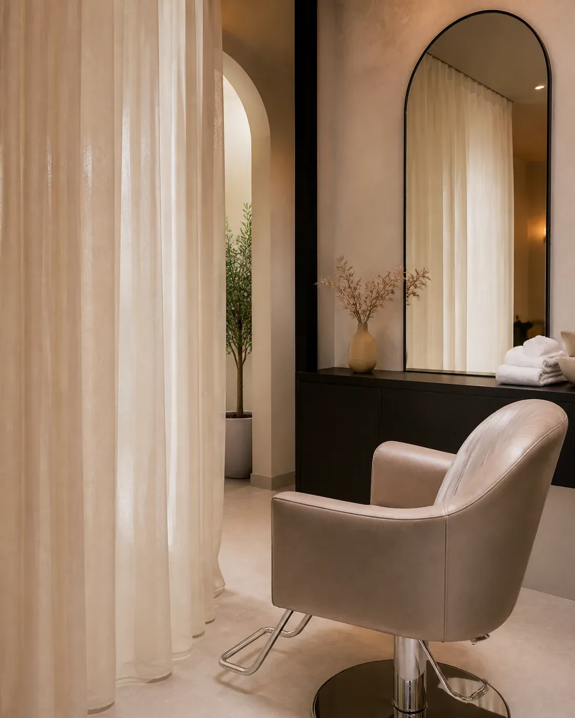 A calm salon styling chair beside softly draped curtains