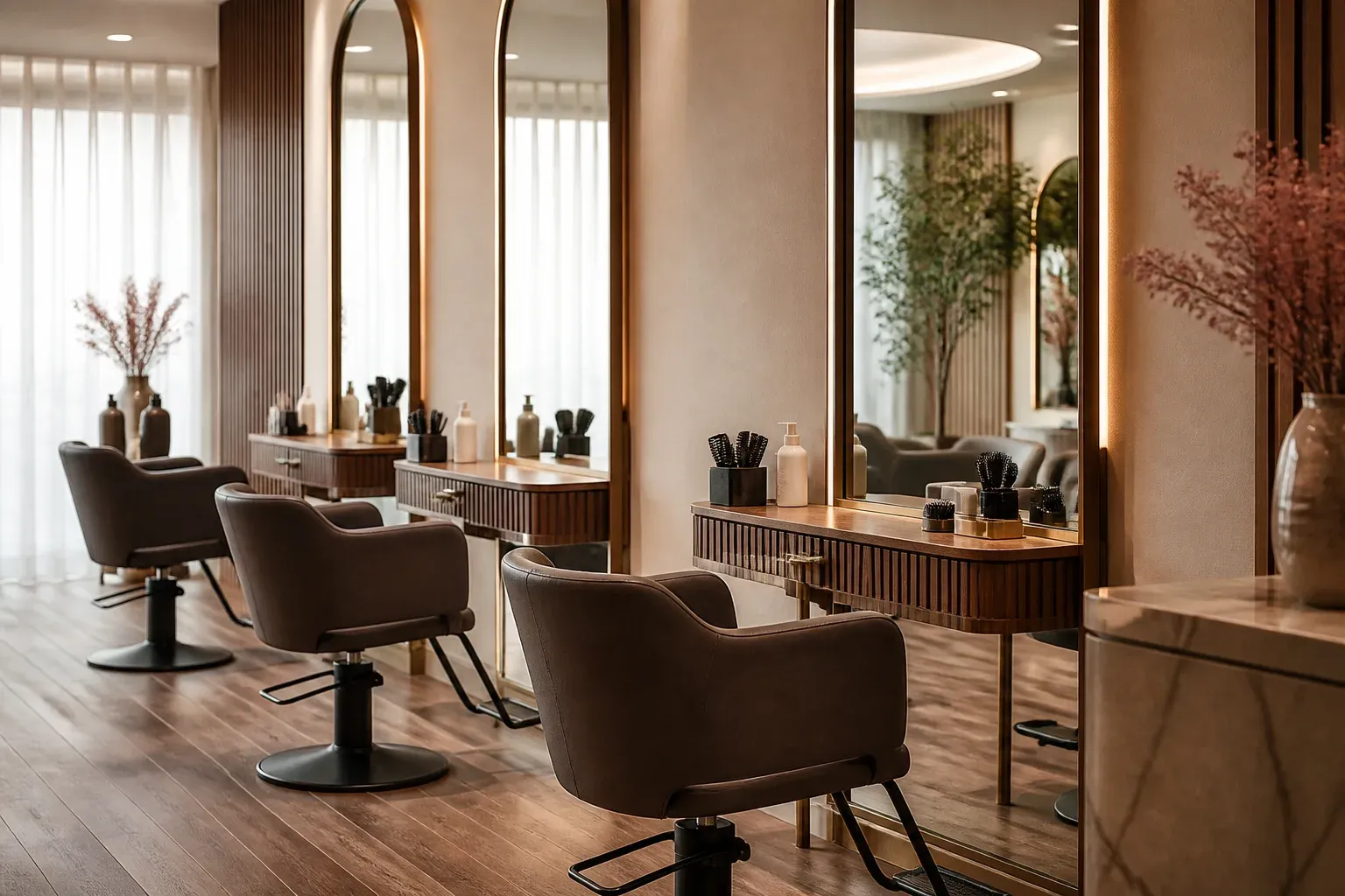 An empty salon styling area with three dark chairs, rounded mirrors and hair brushes