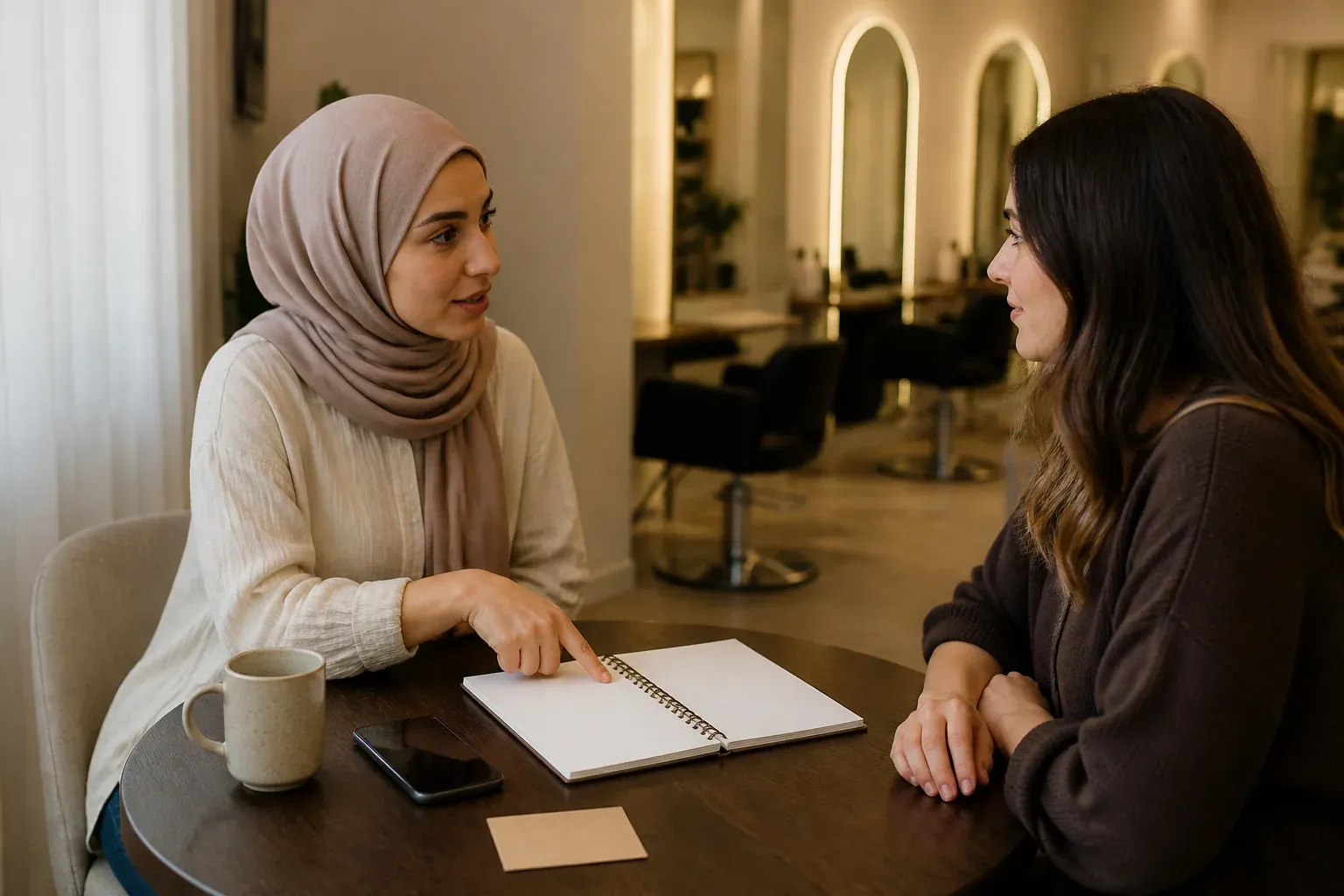 Two people discussing appointment notes at a salon table with a notebook and phone