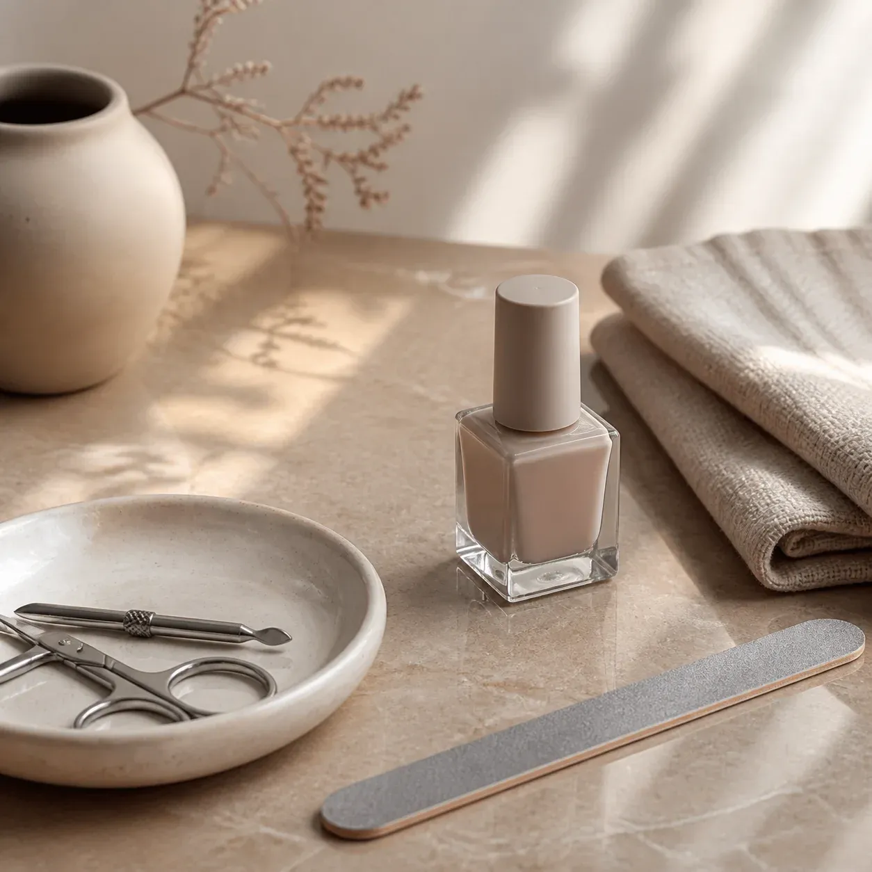 Unlabeled neutral nail-colour bottle, nail file and grooming tools arranged on a warm stone tabletop