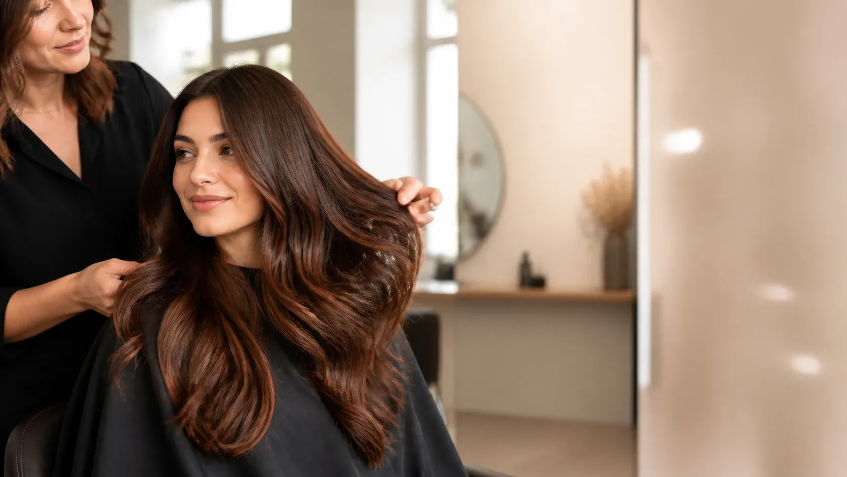Stylist working through long coloured hair