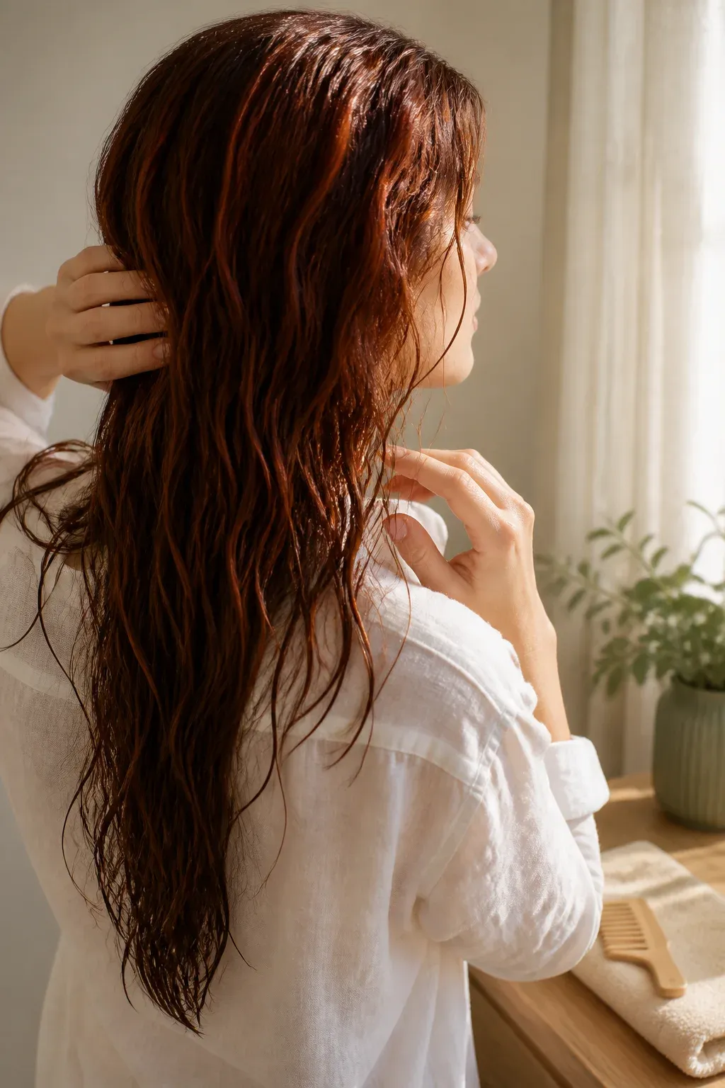 A person with copper-toned wet hair gently arranging it in warm window light