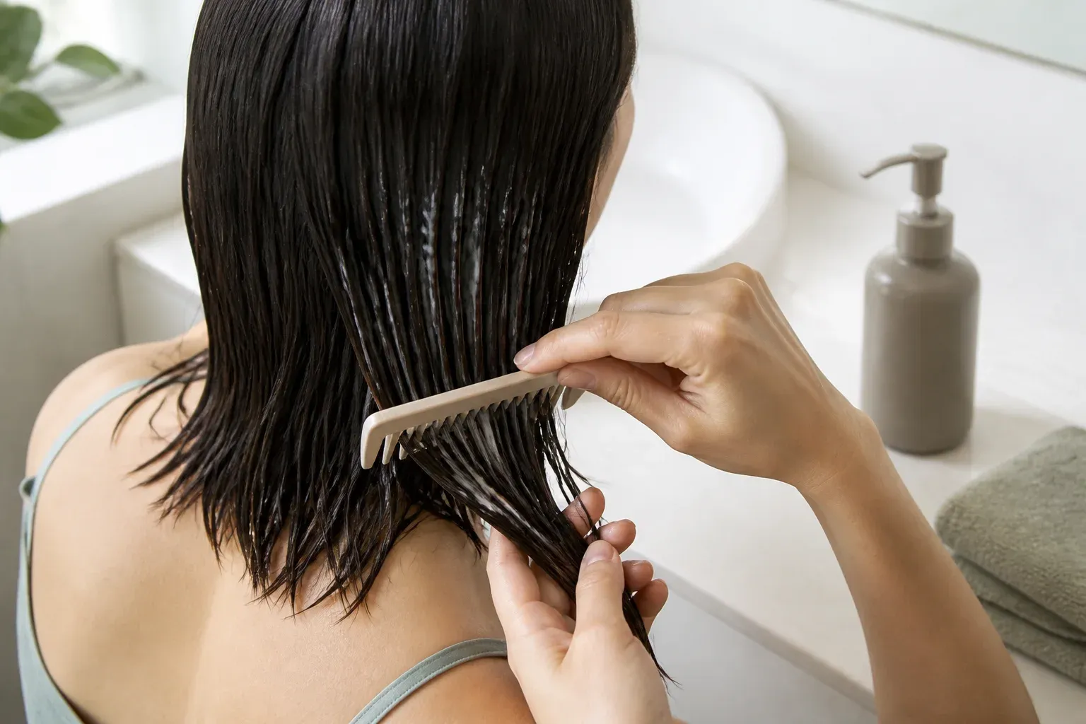 Conditioner, comb and towel arranged for a hair-care routine