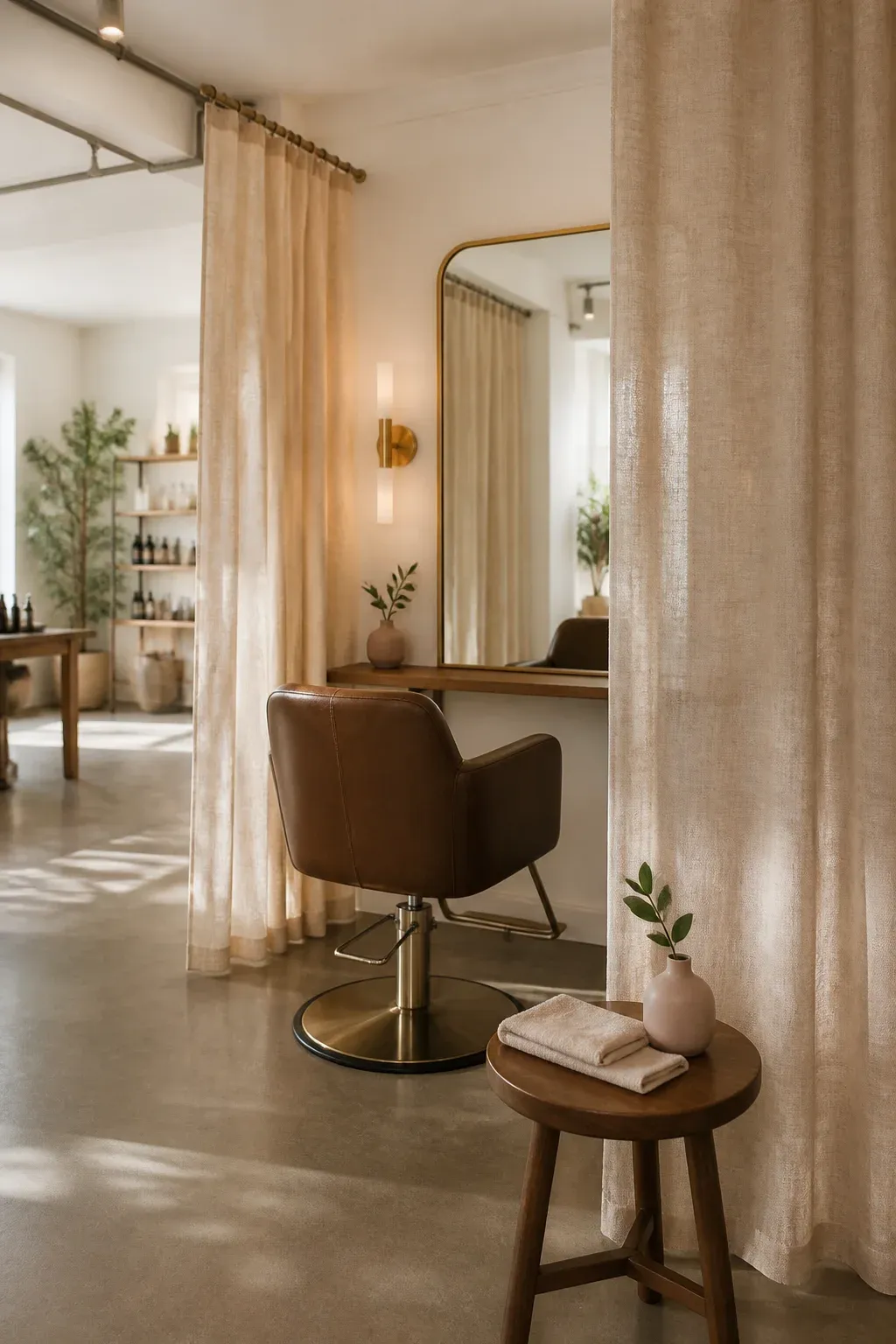 An open salon styling chair framed by linen curtains, with a mirror and folded towels nearby