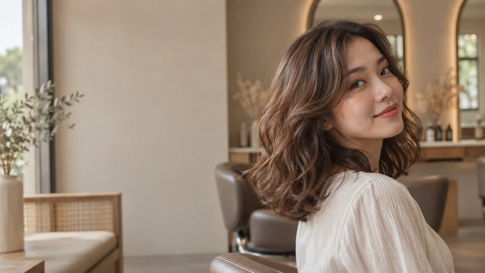 Soft bouncy digital perm waves on shoulder-length hair in natural light