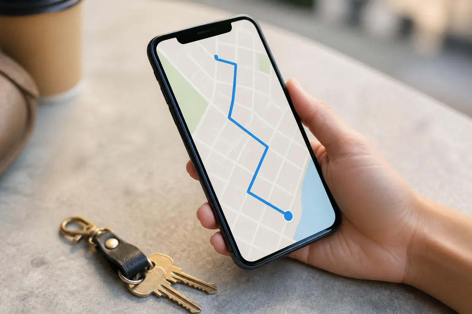 A hand holding a smartphone with an abstract blue route line beside a pair of keys