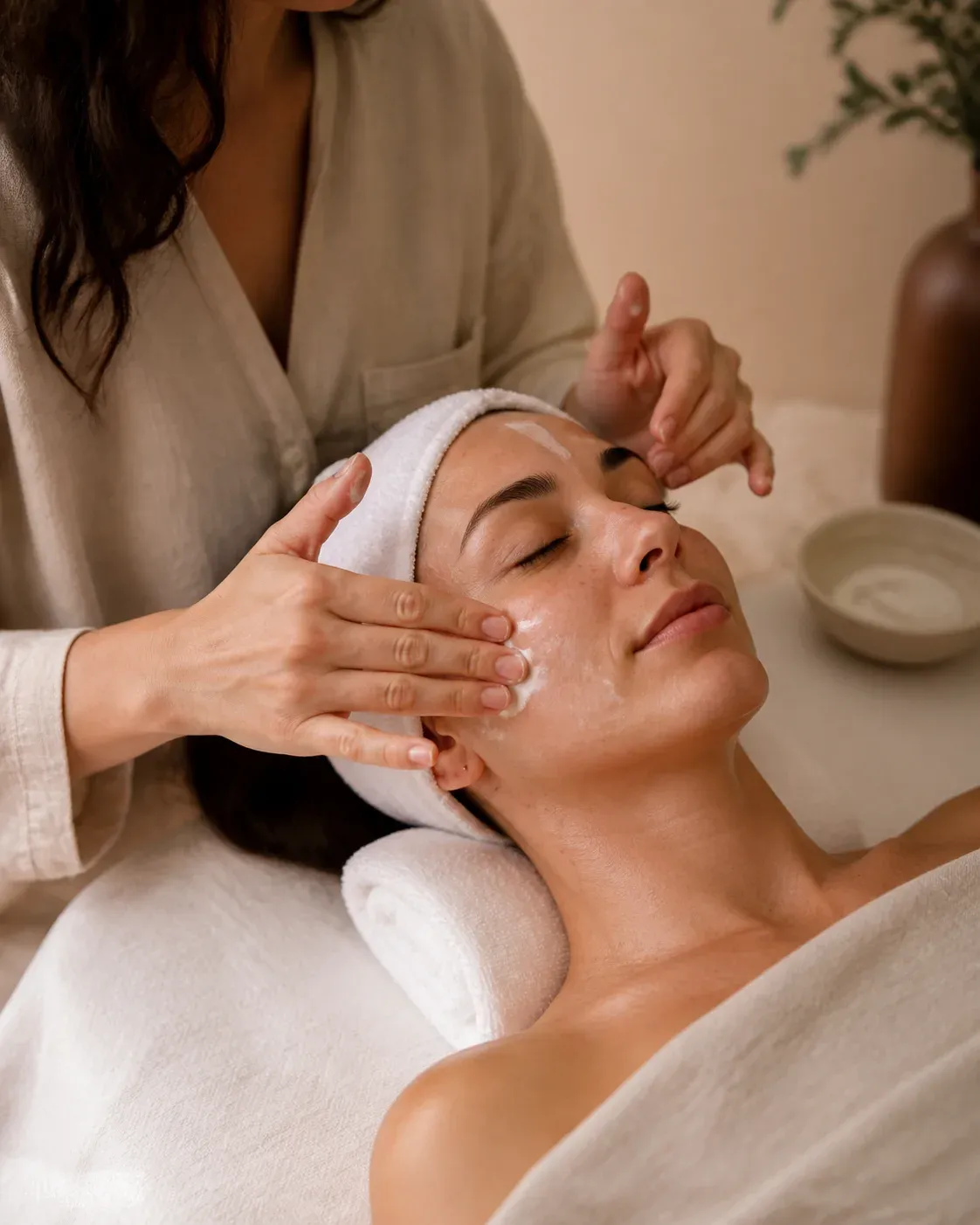 A beauty professional applying facial product to a client's cheek