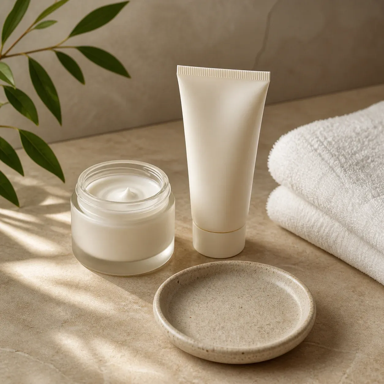 An unbranded moisturiser jar, plain skincare tube, folded towel and ceramic dish on a warm stone surface
