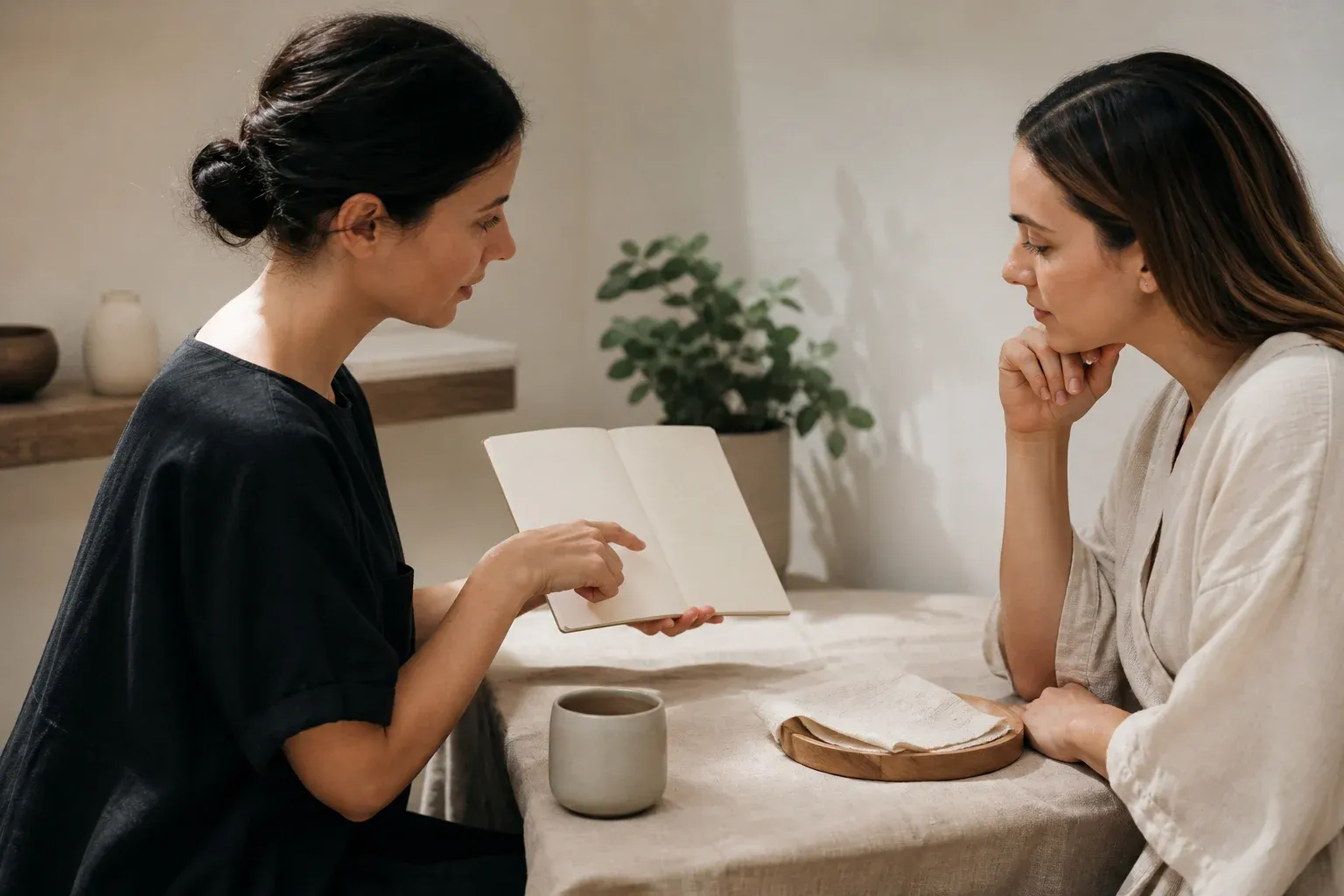 A therapist and client discuss skin concerns at a consultation table with a blank notebook