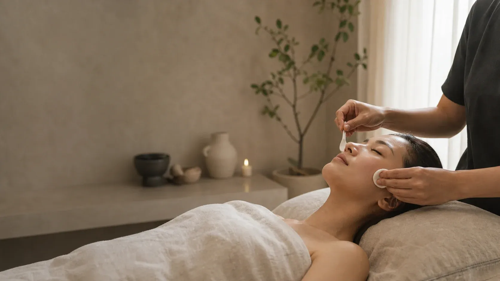 Facial treatment in a softly lit beauty room