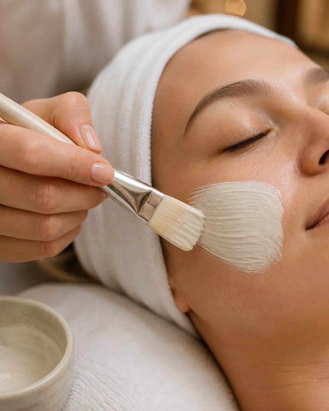 A therapist applies a smooth facial mask with a brush to a client's cheek