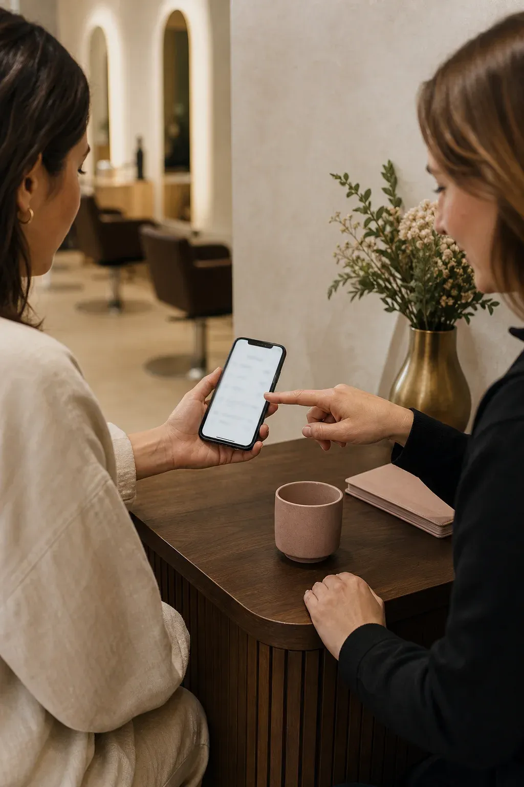 Client and stylist discussing a salon appointment