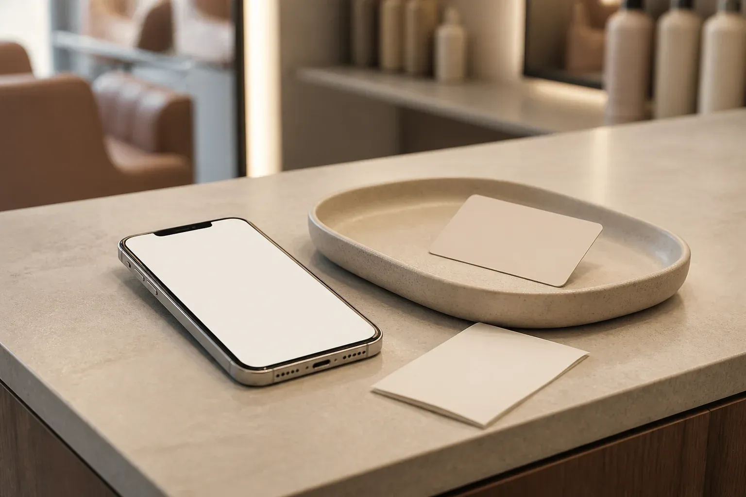 A blank smartphone, plain payment card and receipt on a salon counter