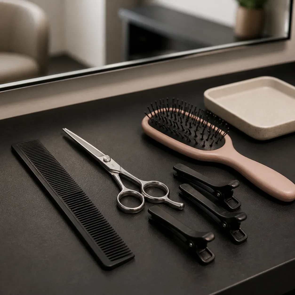 A comb, scissors, styling brush and sectioning clips arranged on a salon workstation