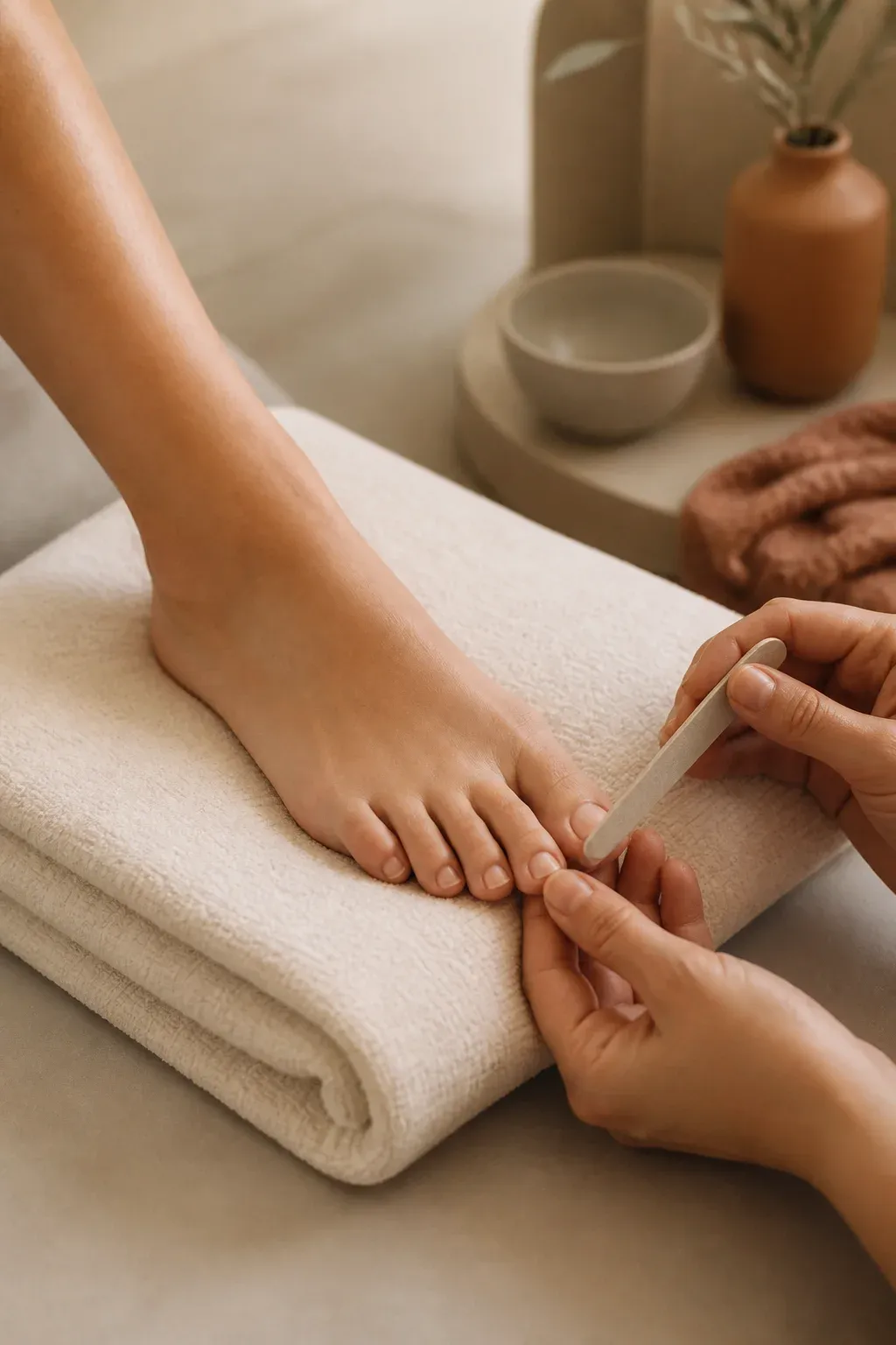 Close-up of a nail technician filing a client's natural toenail while the foot rests on a folded towel