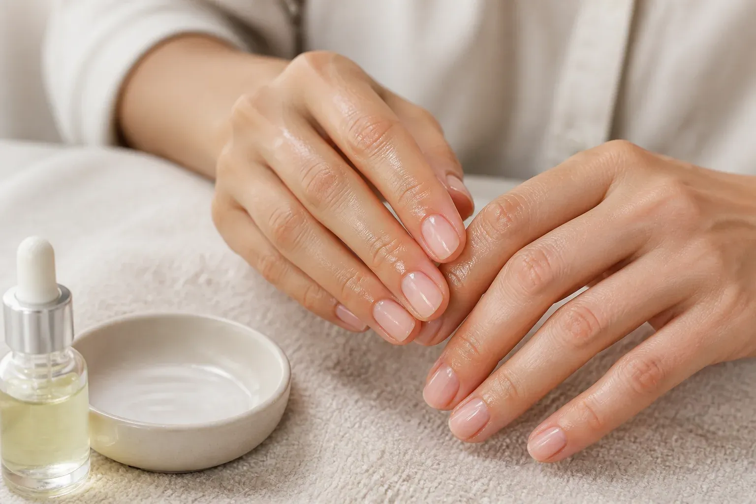 Hands with glossy manicured nails being moisturised beside an unlabelled oil dropper