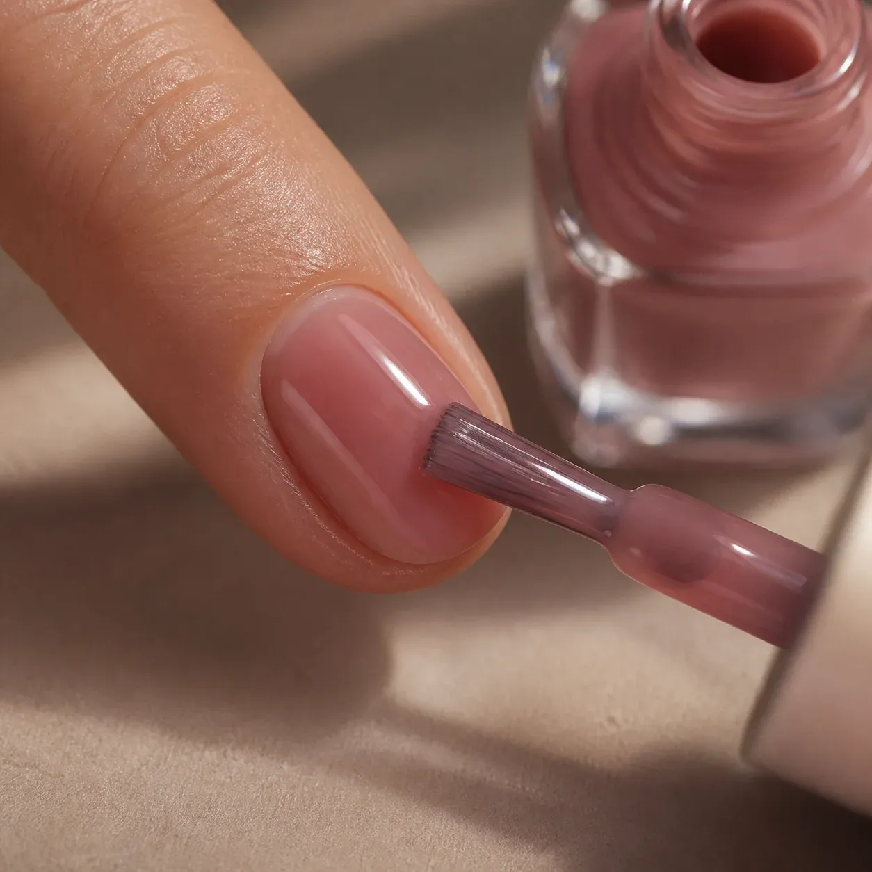 A brush applies translucent rose gel colour to a fingernail beside an unlabelled bottle