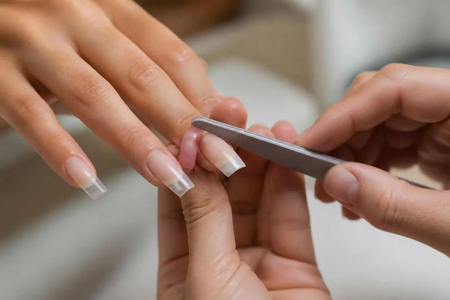 A nail technician files the edge of a clear nail extension on a client's finger