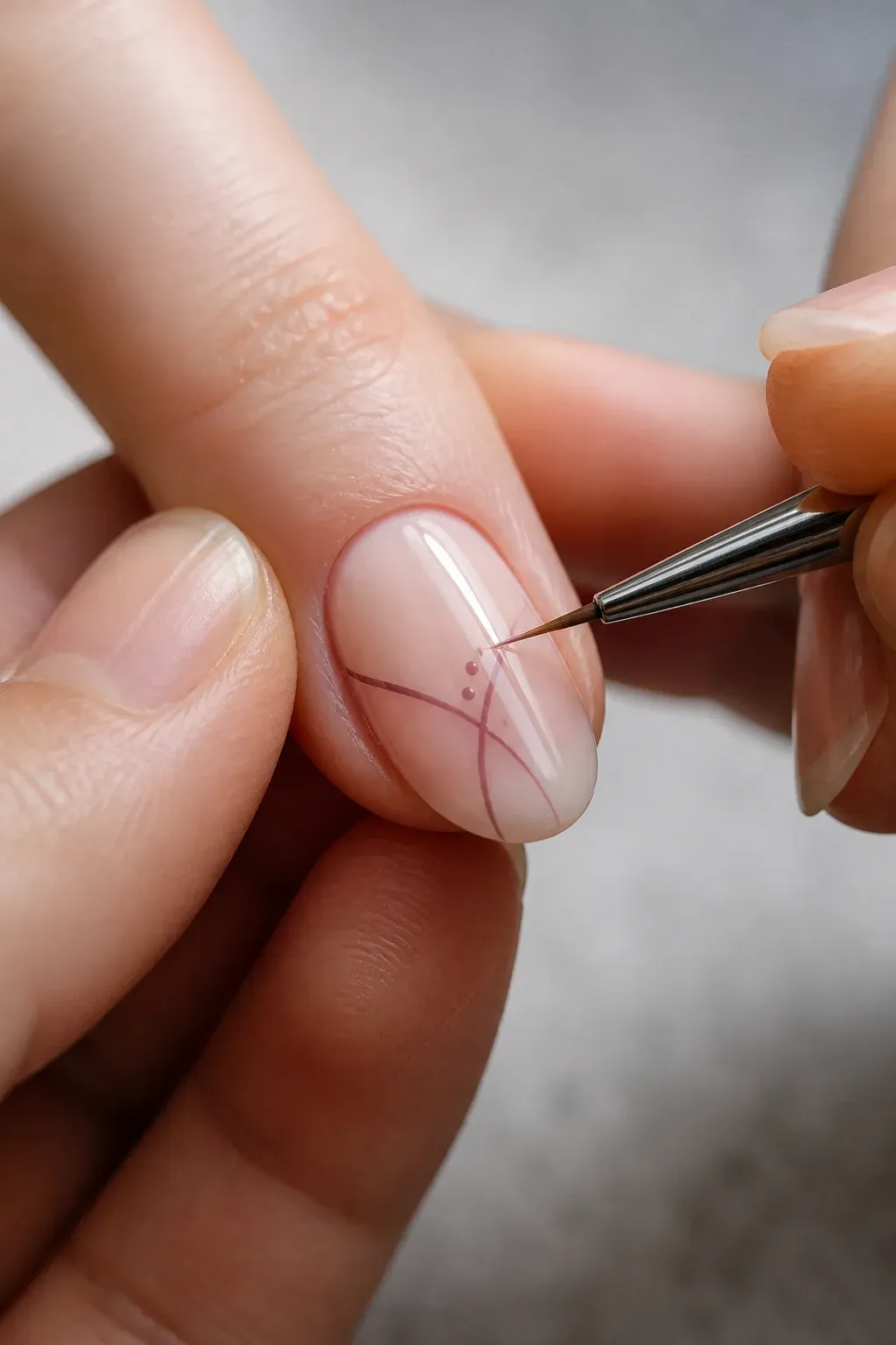 A fine brush adds a simple line-and-dot detail to a glossy nail