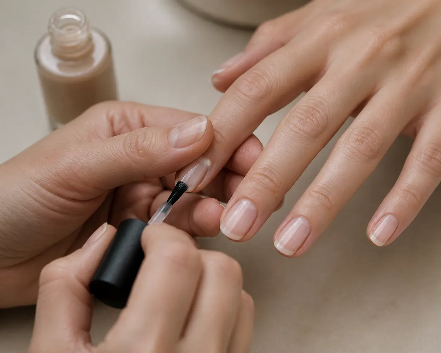 A nail technician applies a coat of polish with a brush to a client's natural fingernail