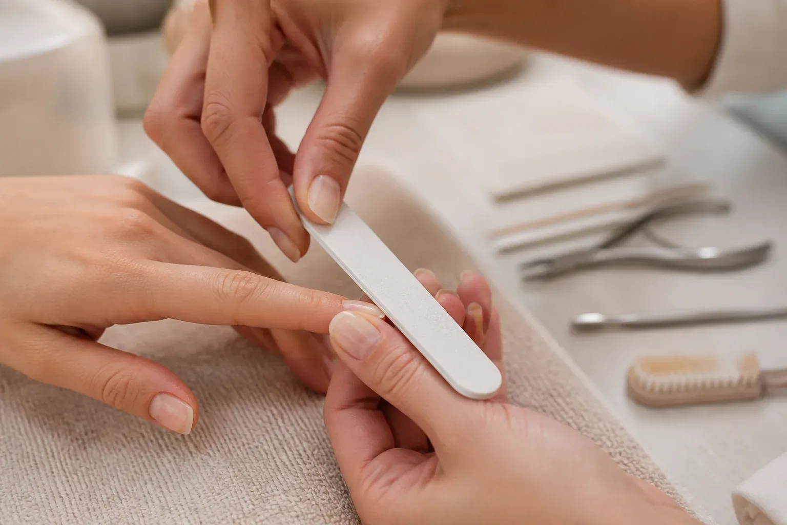 Close-up of a nail technician filing a client's natural fingernail at a clean salon table