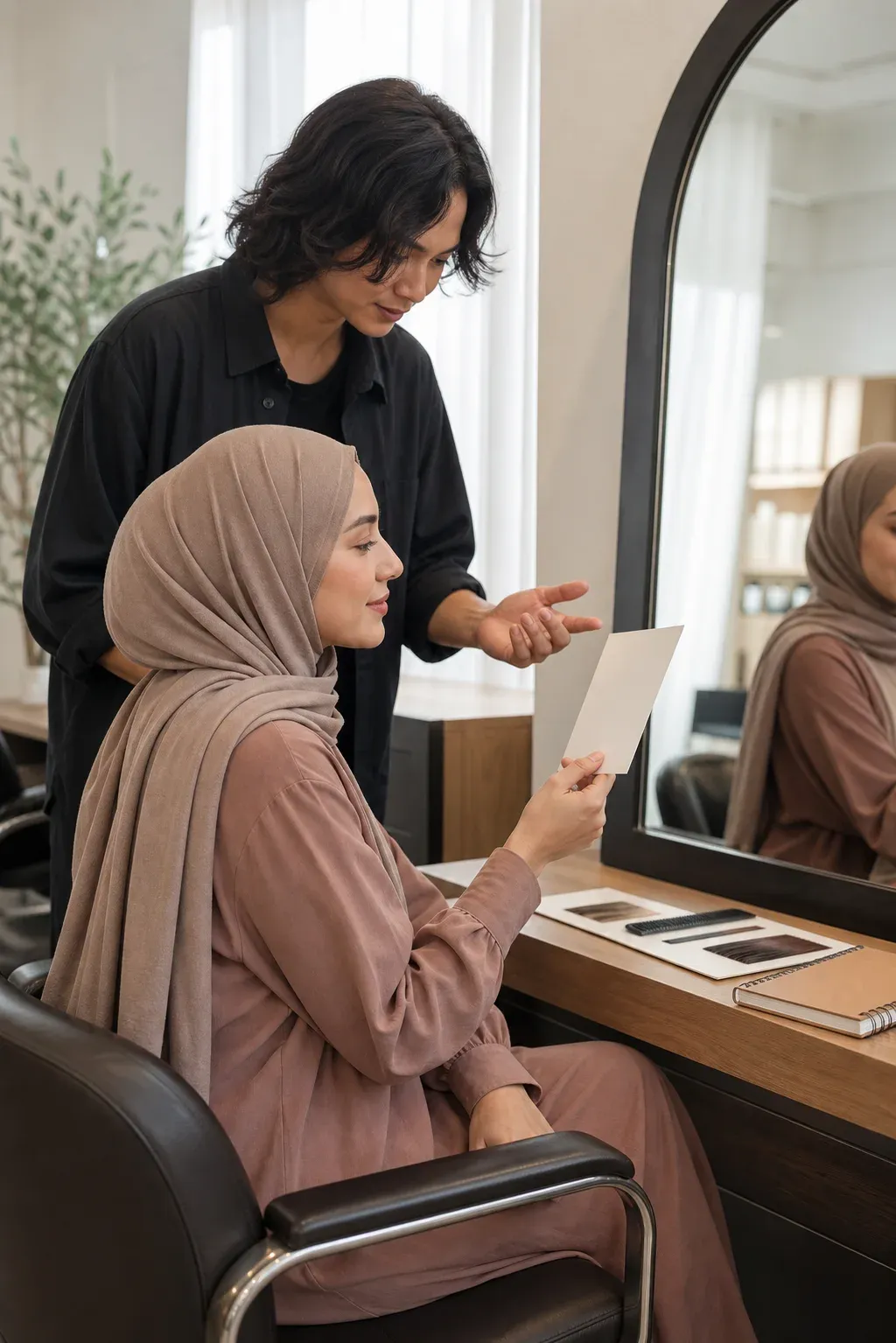 A hijab-wearing client and stylist discussing hair options at a salon mirror