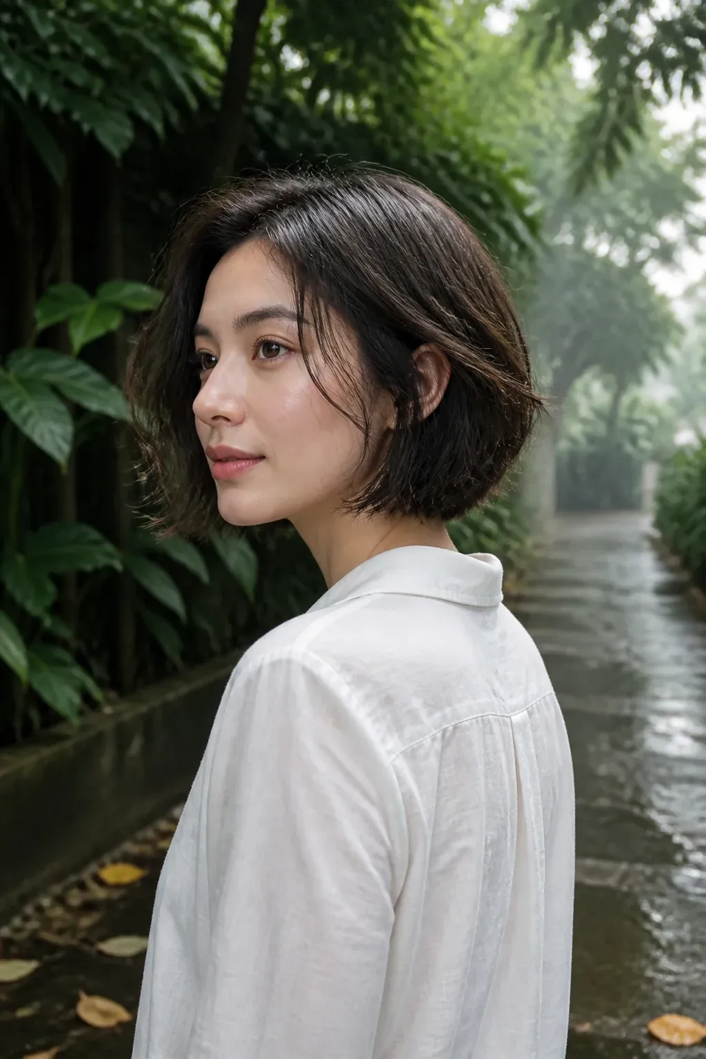 An adult model with a chin-length textured bob stands on a leafy path in a light cotton shirt