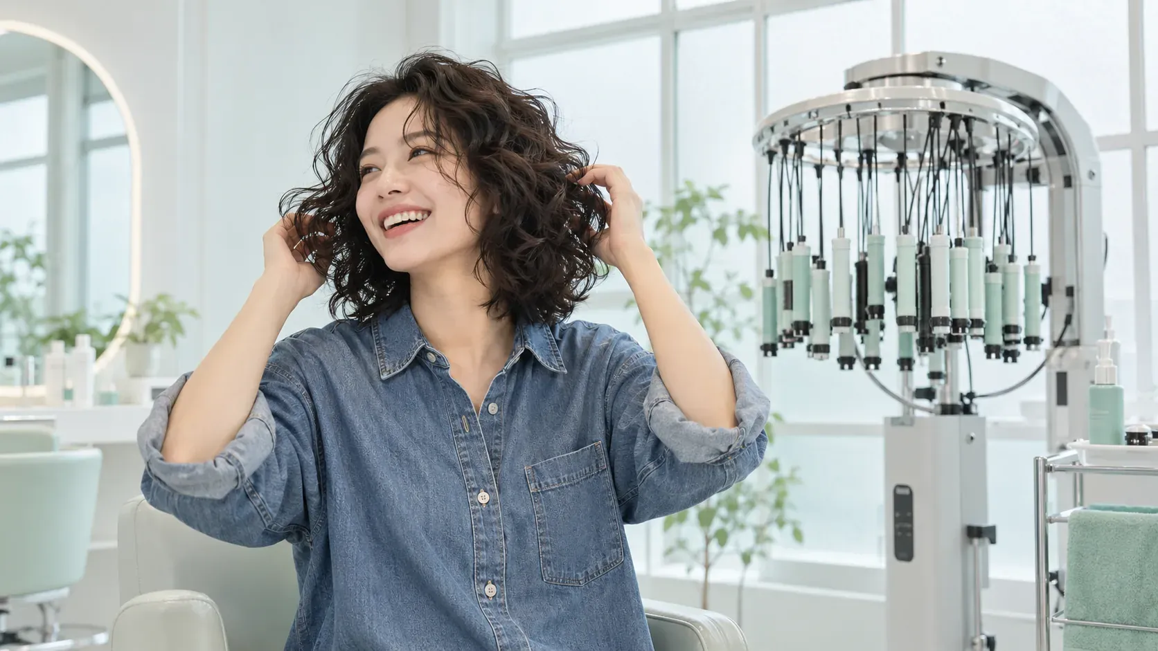 Woman with soft, defined perm waves in a warm Ampang hair salon