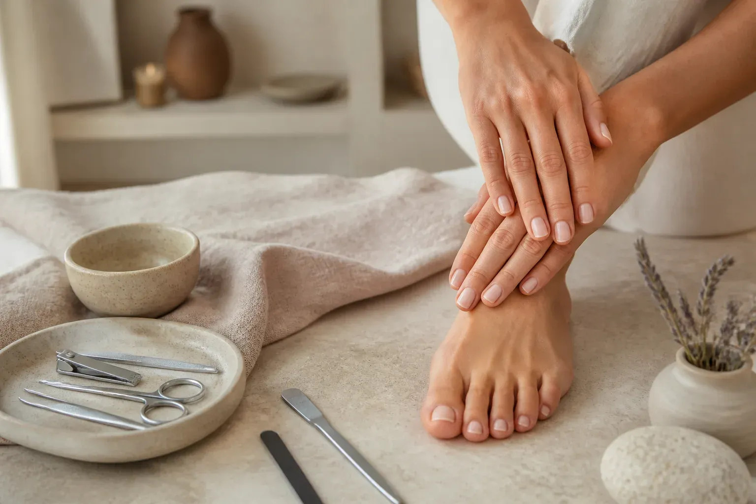 Hands and feet prepared for a manicure and pedicure