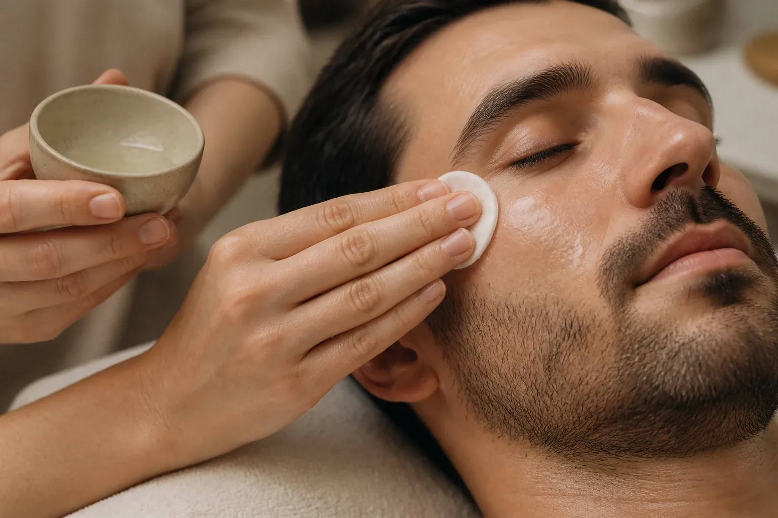 Close-up of a therapist using a cotton pad on a bearded man’s cheek while holding a small bowl