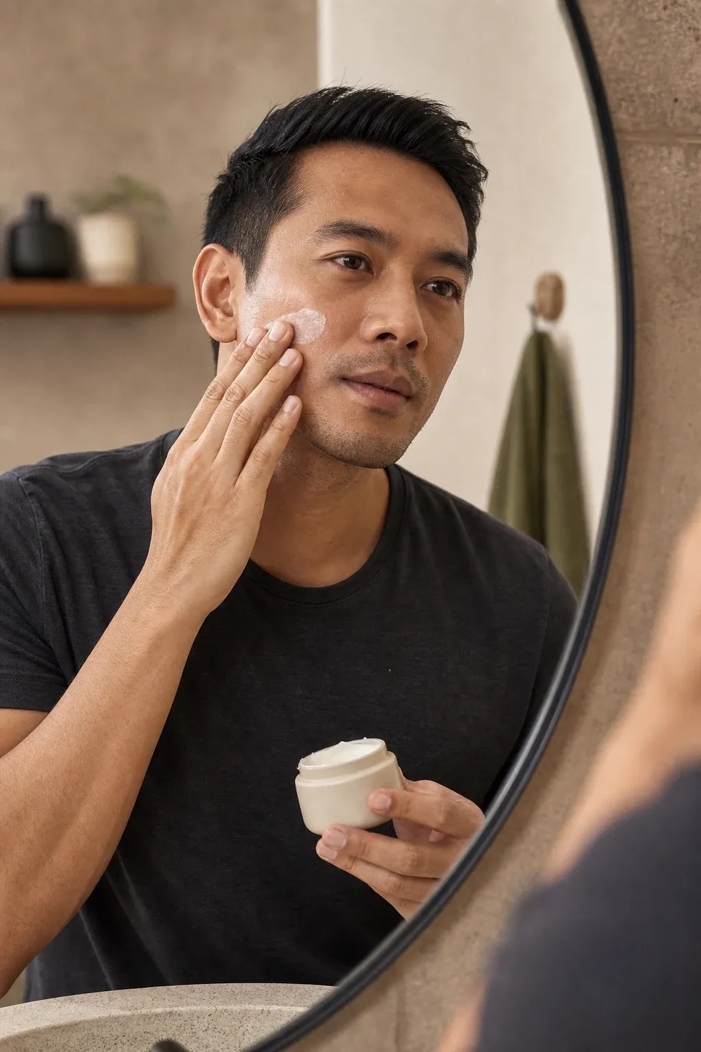 A man applying a plain cream to his cheek in front of a mirror