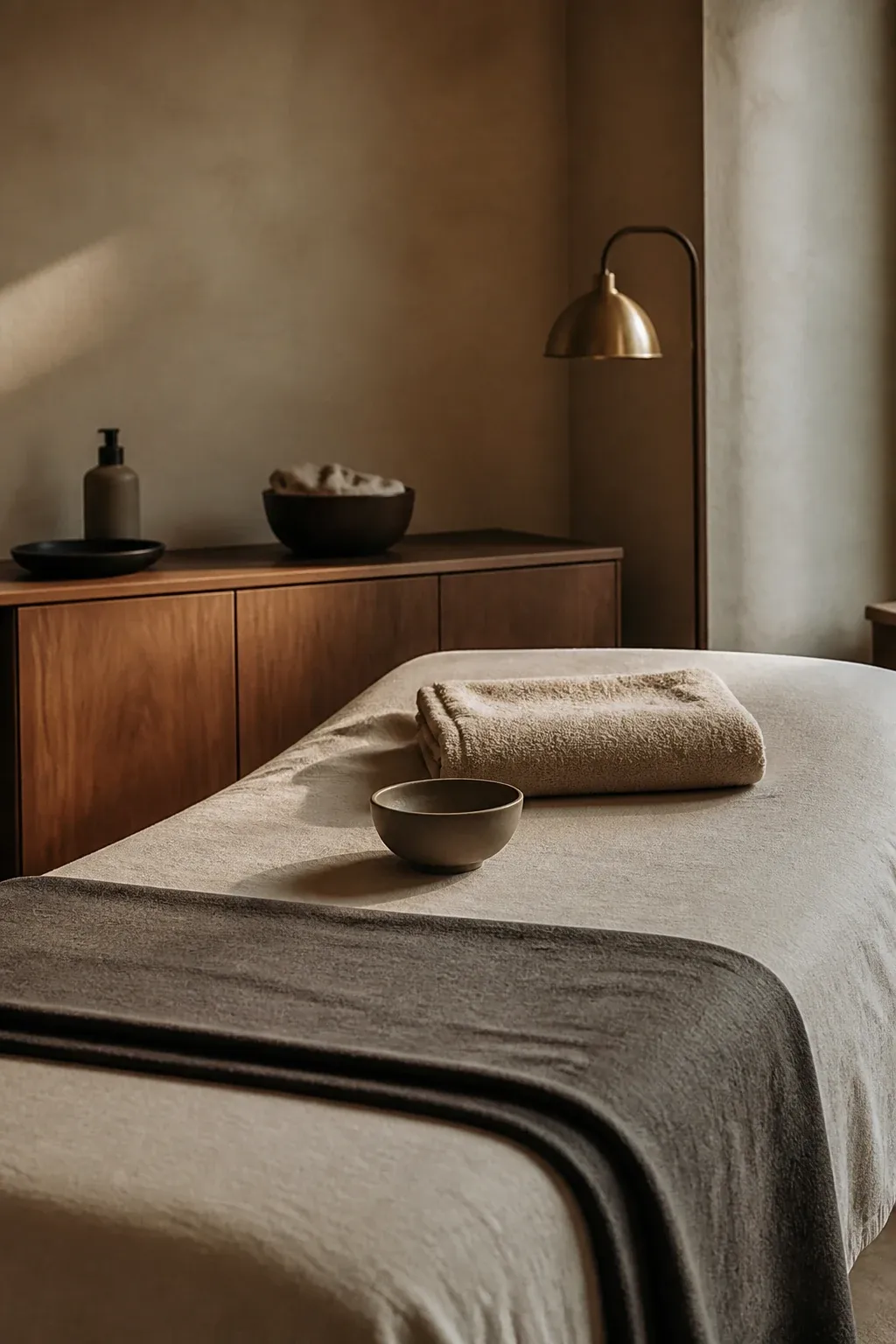 A quiet facial room with a neatly made treatment bed, folded towel and ceramic bowl