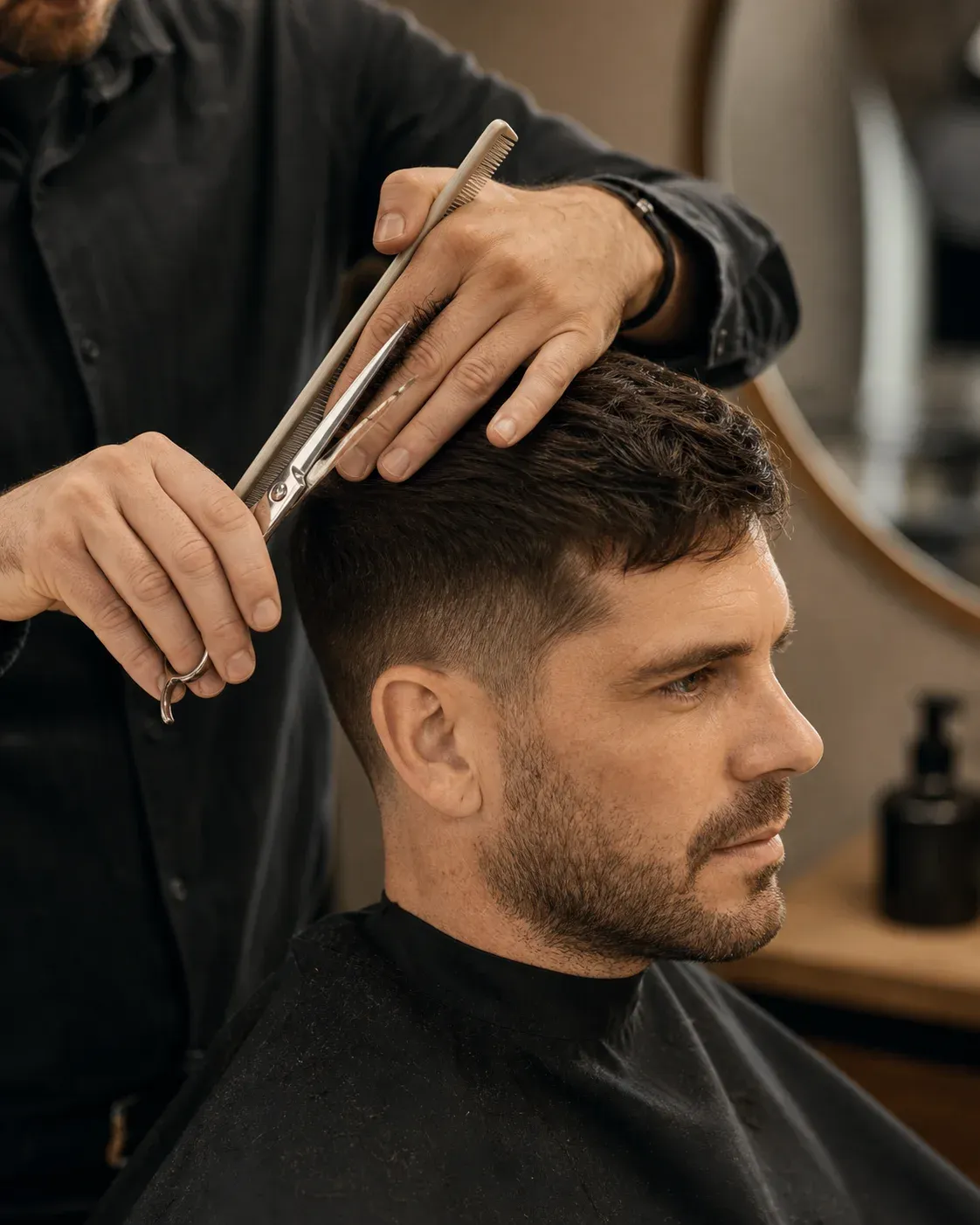 A stylist using a comb and scissors to shape an adult man's short hair