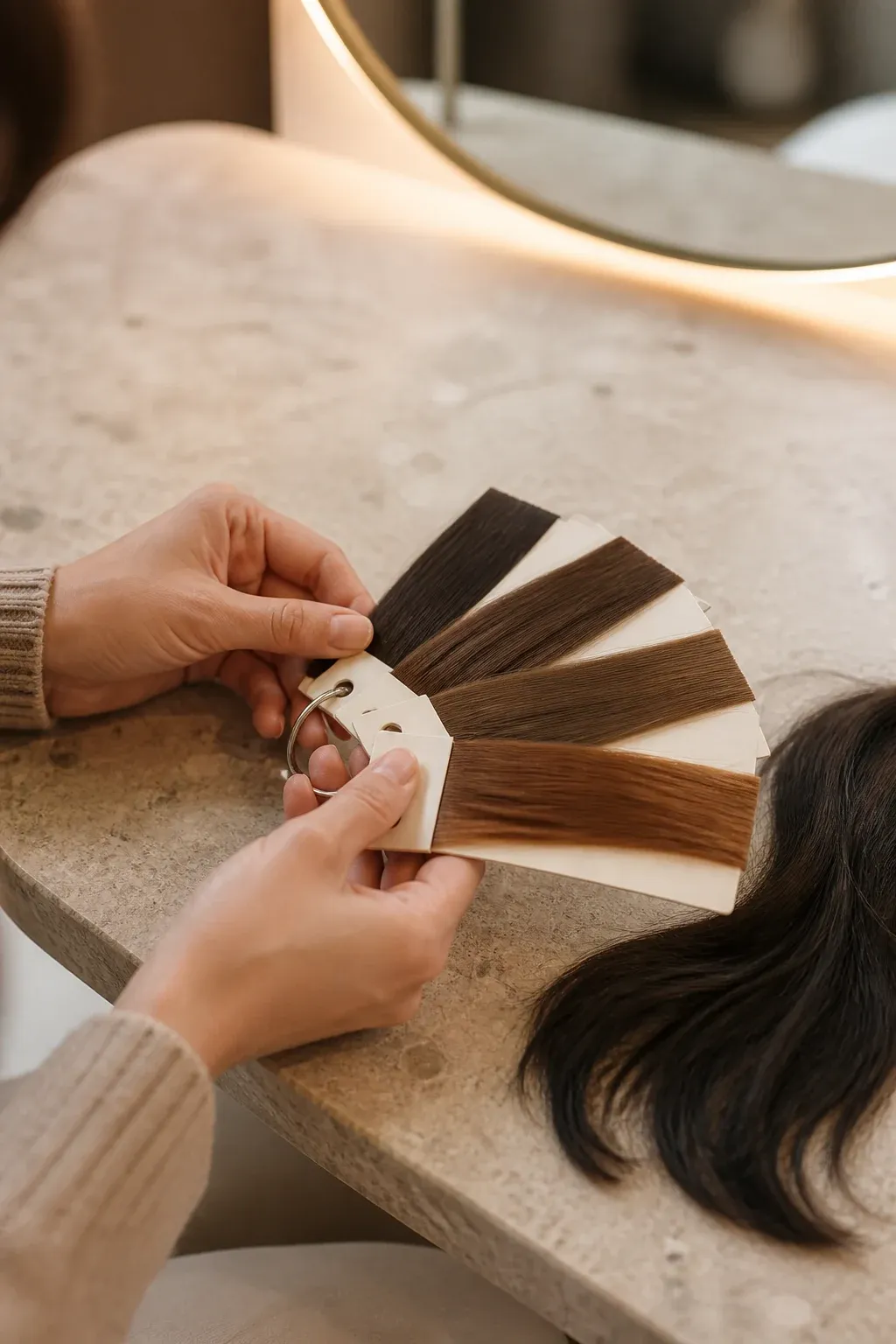 Hands compare rich brunette and warm brown hair swatches beside dark hair on a salon table