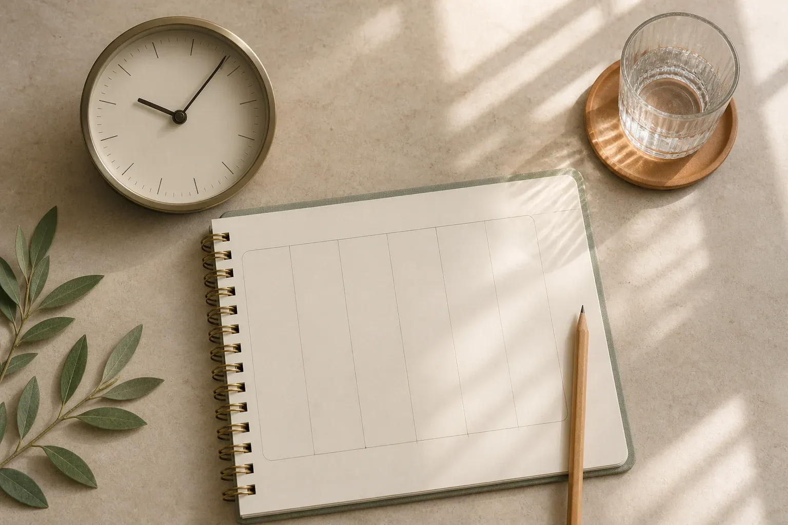 A blank planner, pencil, analog clock and glass of water arranged on a sunlit table