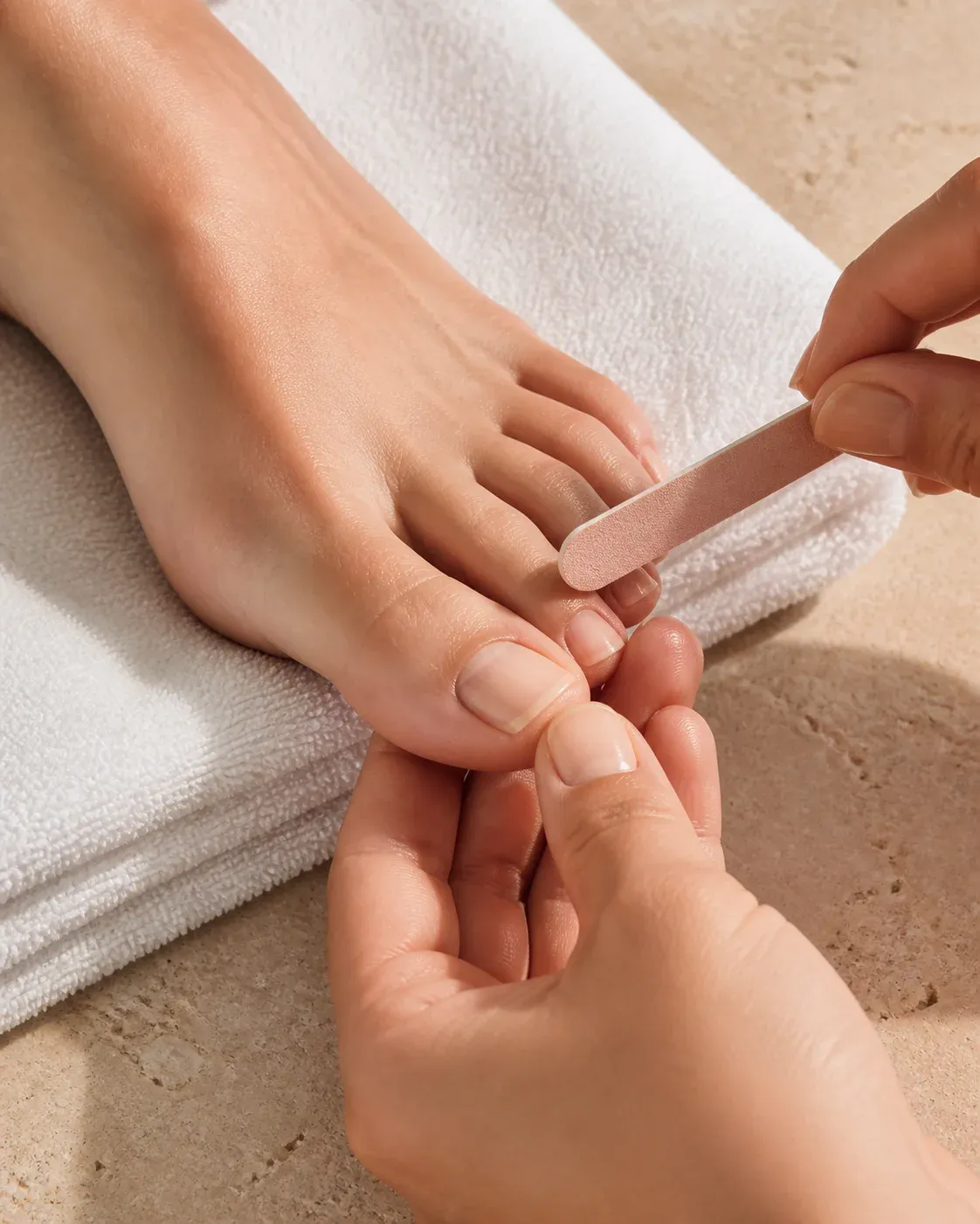 A technician uses a small file to shape a toenail during a pedicure