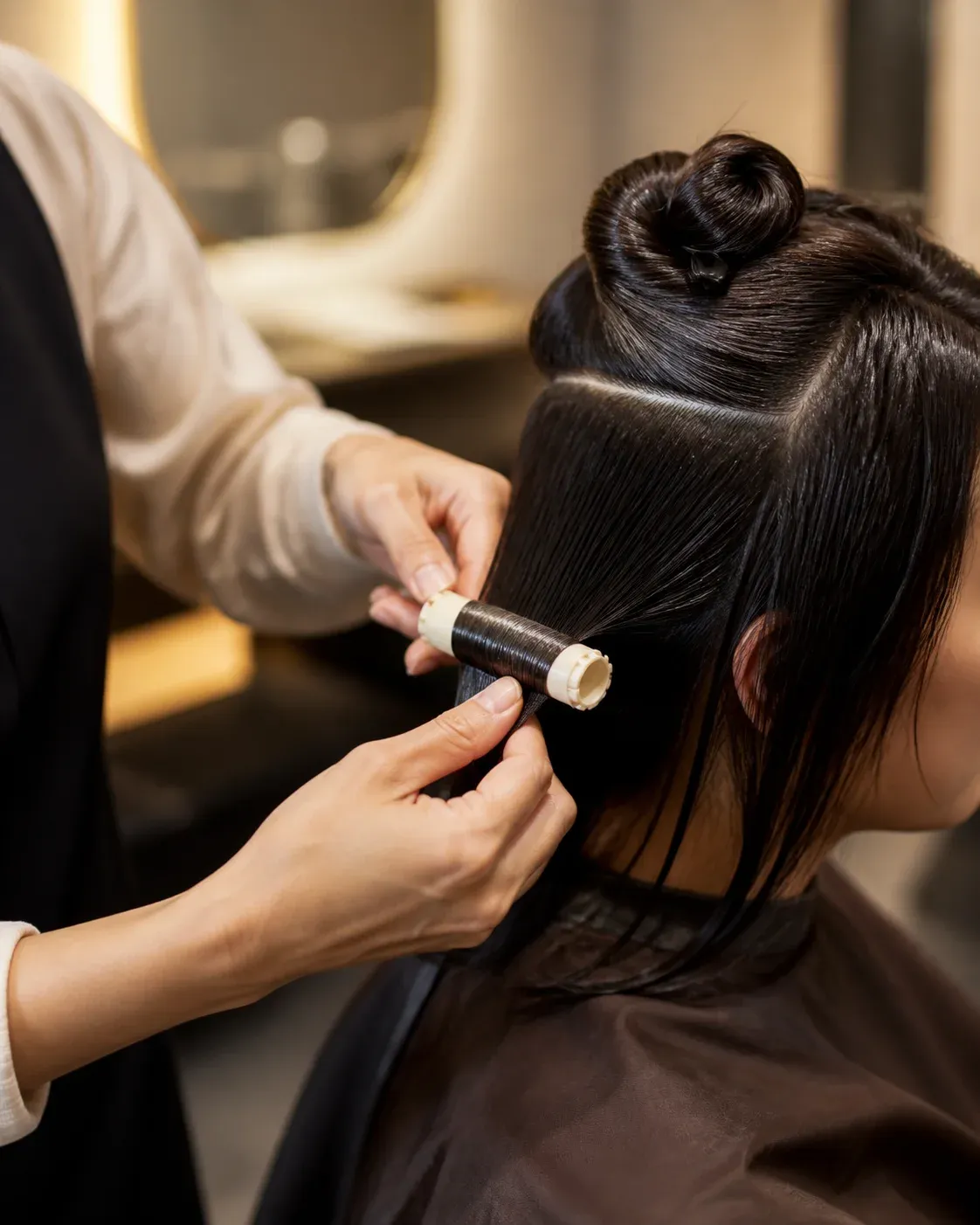 A stylist wrapping a prepared hair section around a neutral perm rod