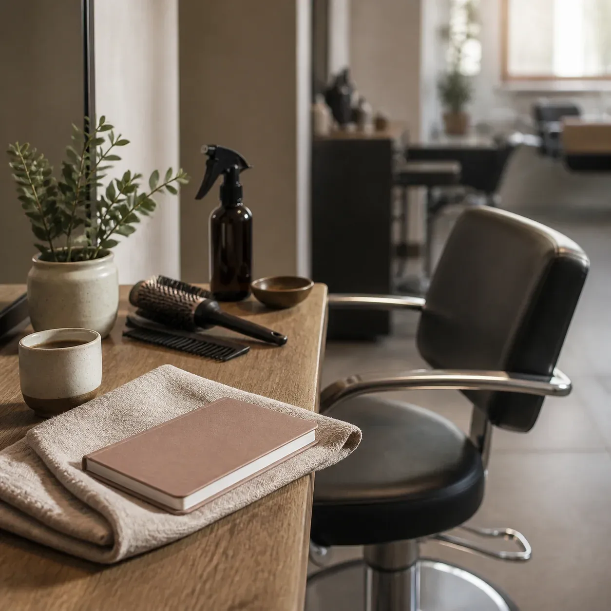 A salon styling chair beside a wooden station with a folded towel, notebook, comb and plant