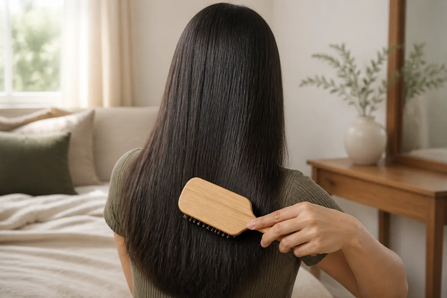 A person gently brushing long straight dark hair with a wooden paddle brush in a bedroom