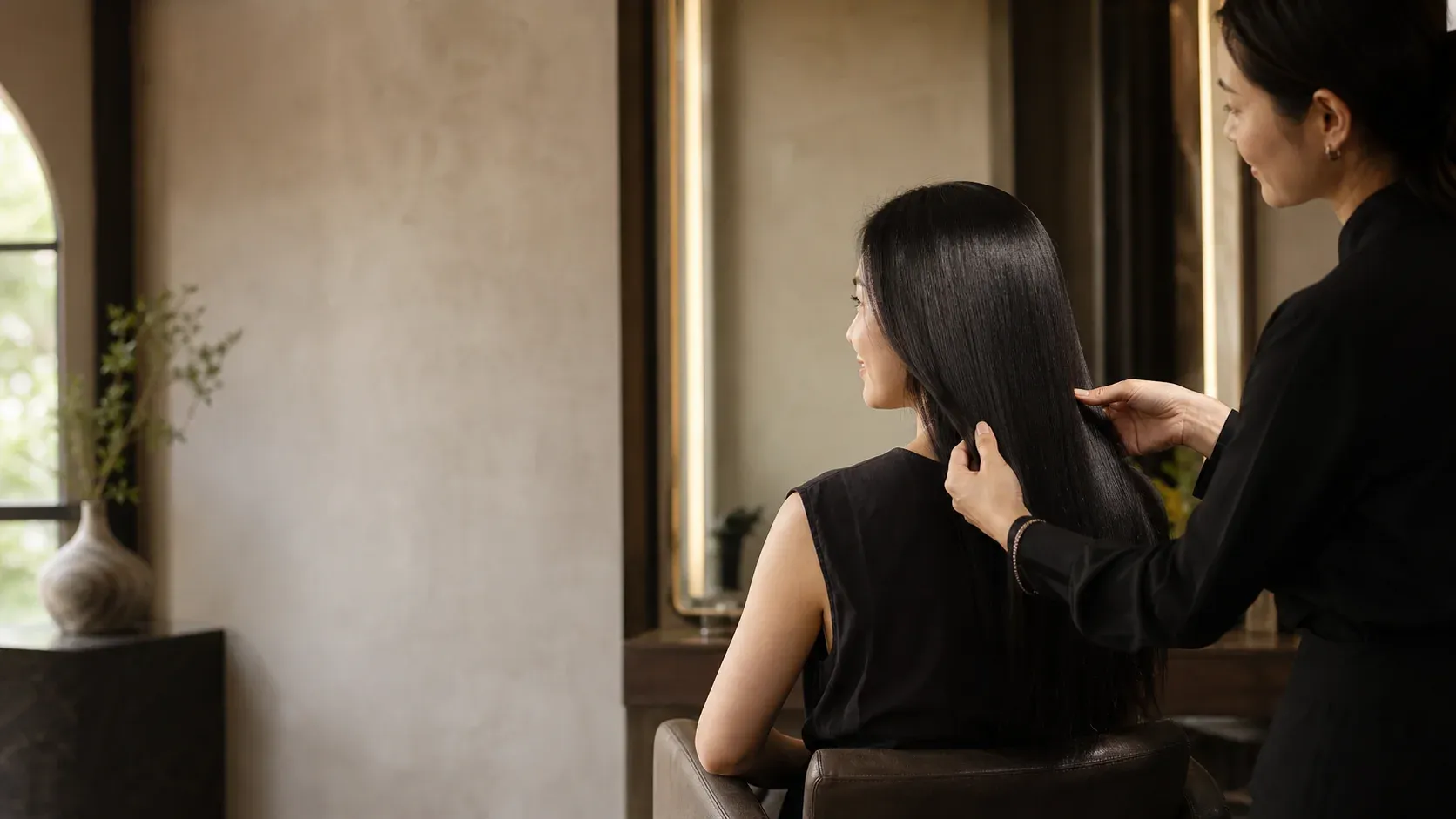 Hair rebonding service in a warm salon setting
