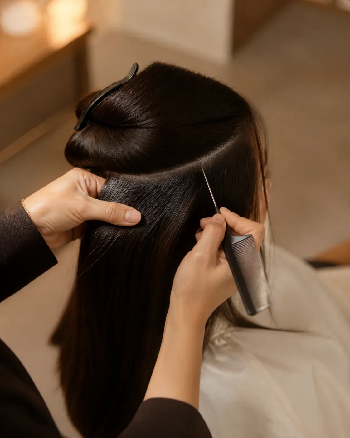 A stylist carefully sectioning smooth hair before a service