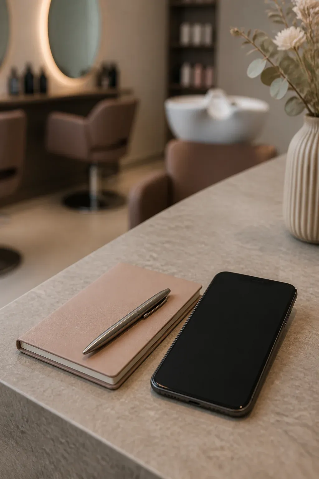A blank-screen smartphone and pen resting on a closed notebook on a stone counter