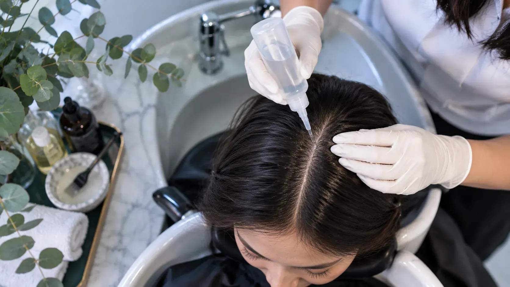 Stylist applying scalp treatment serum along a client's hair parting