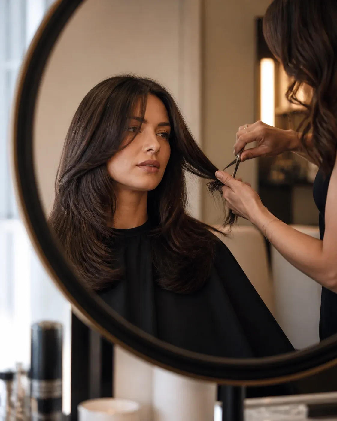 A stylist making a careful finishing cut on a layered hairstyle