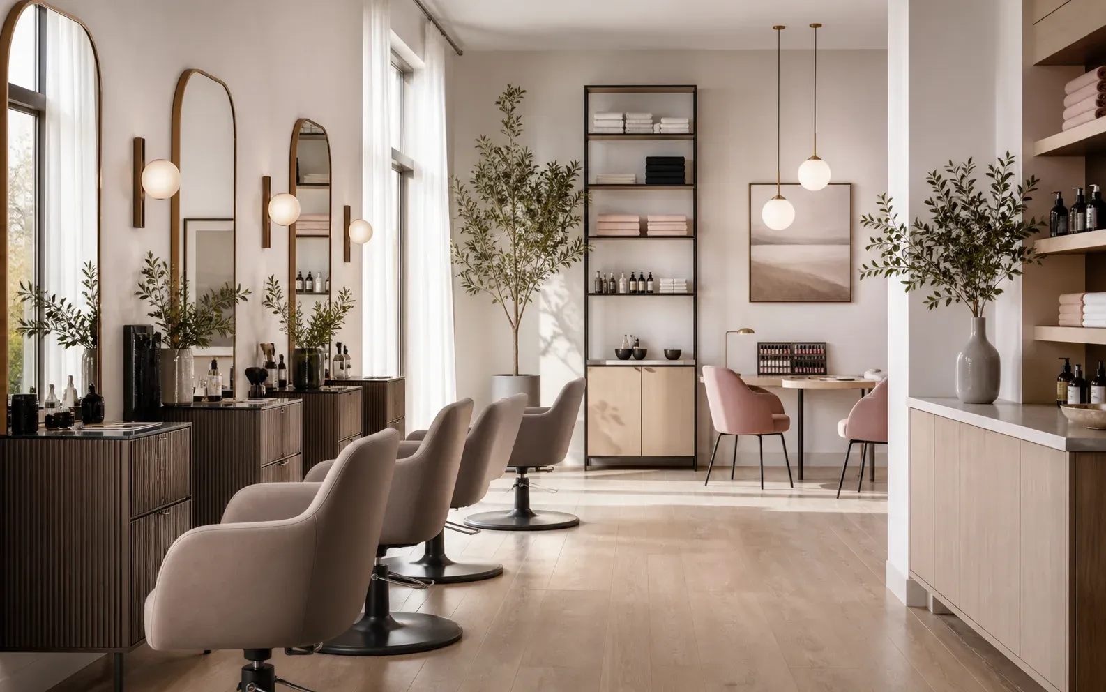 A bright salon interior with styling chairs, mirrors, folded towels and a manicure table