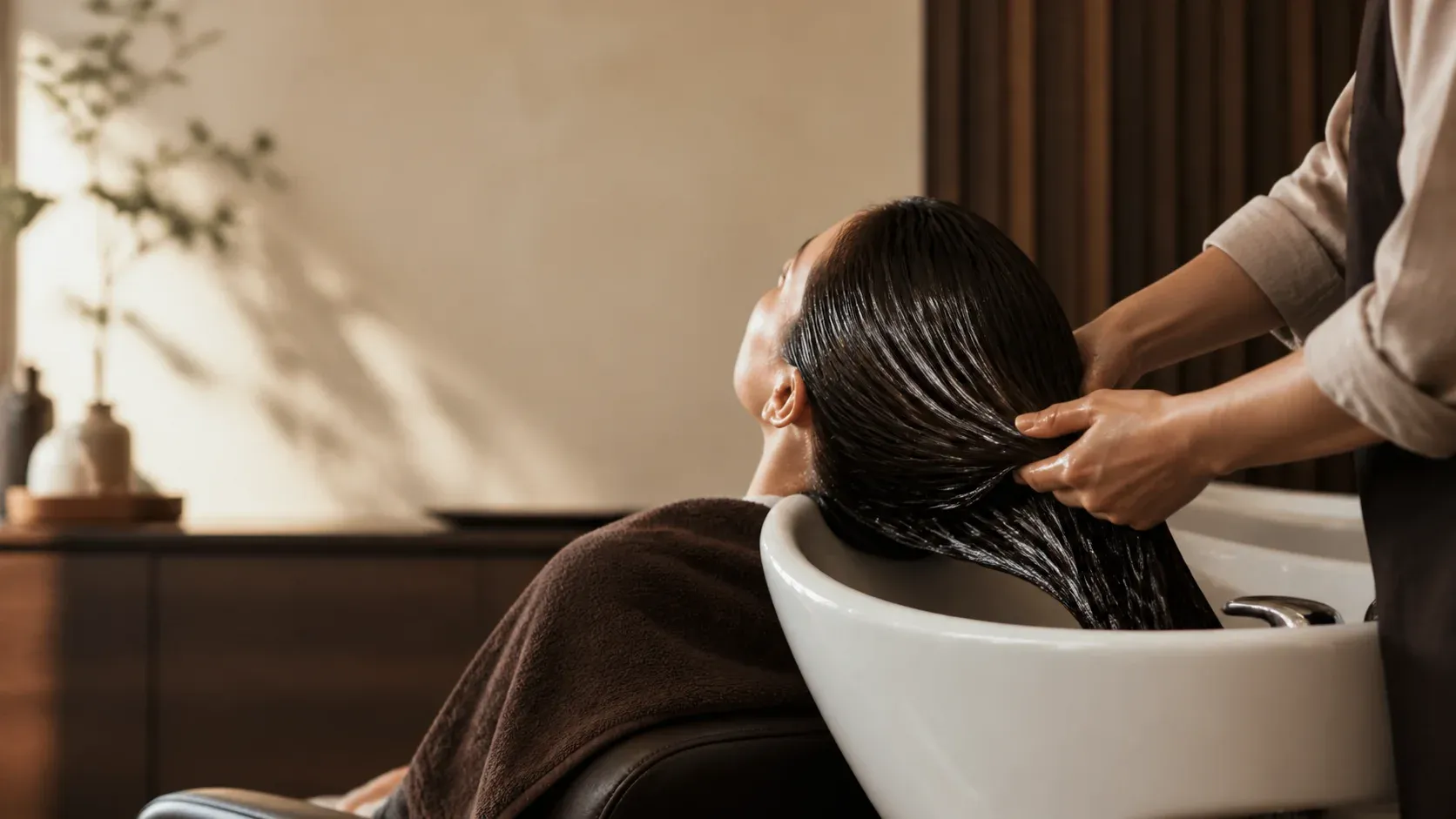 Hair being washed at a calm salon basin